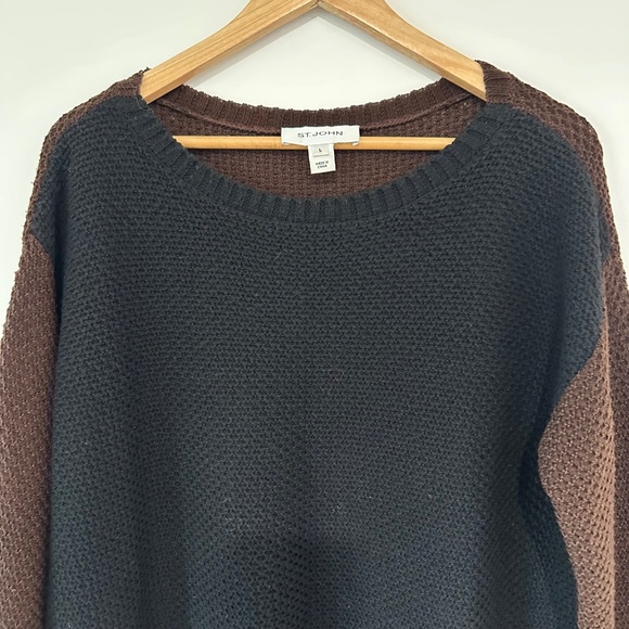 St John | Women’s Colour Block Sweater Cropped Sleeve Black and Brown Wool Blend - Picture 2 of 14